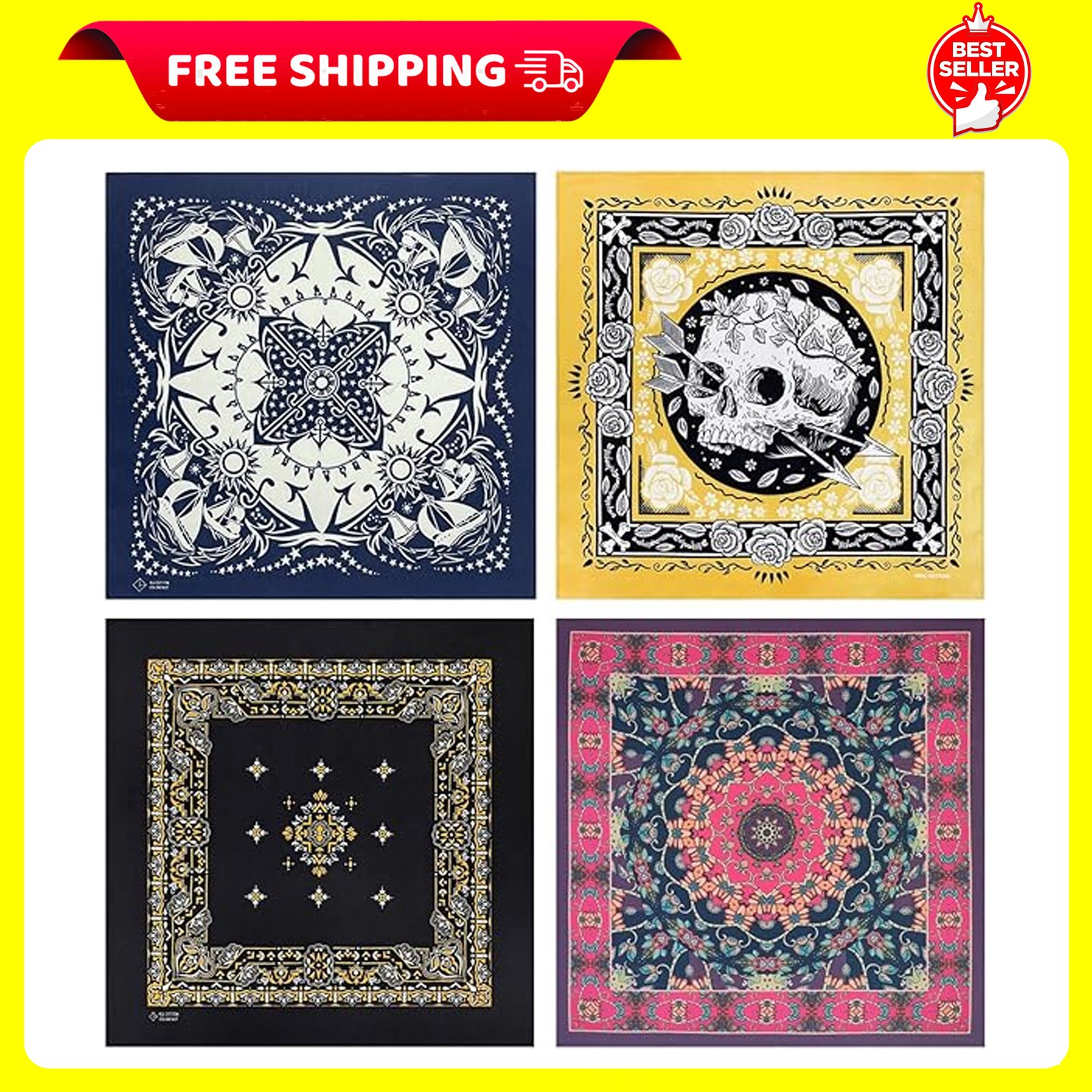 4-Pack 100% Cotton Bandana Set, Vintage Graphic Print, 22×22 inches