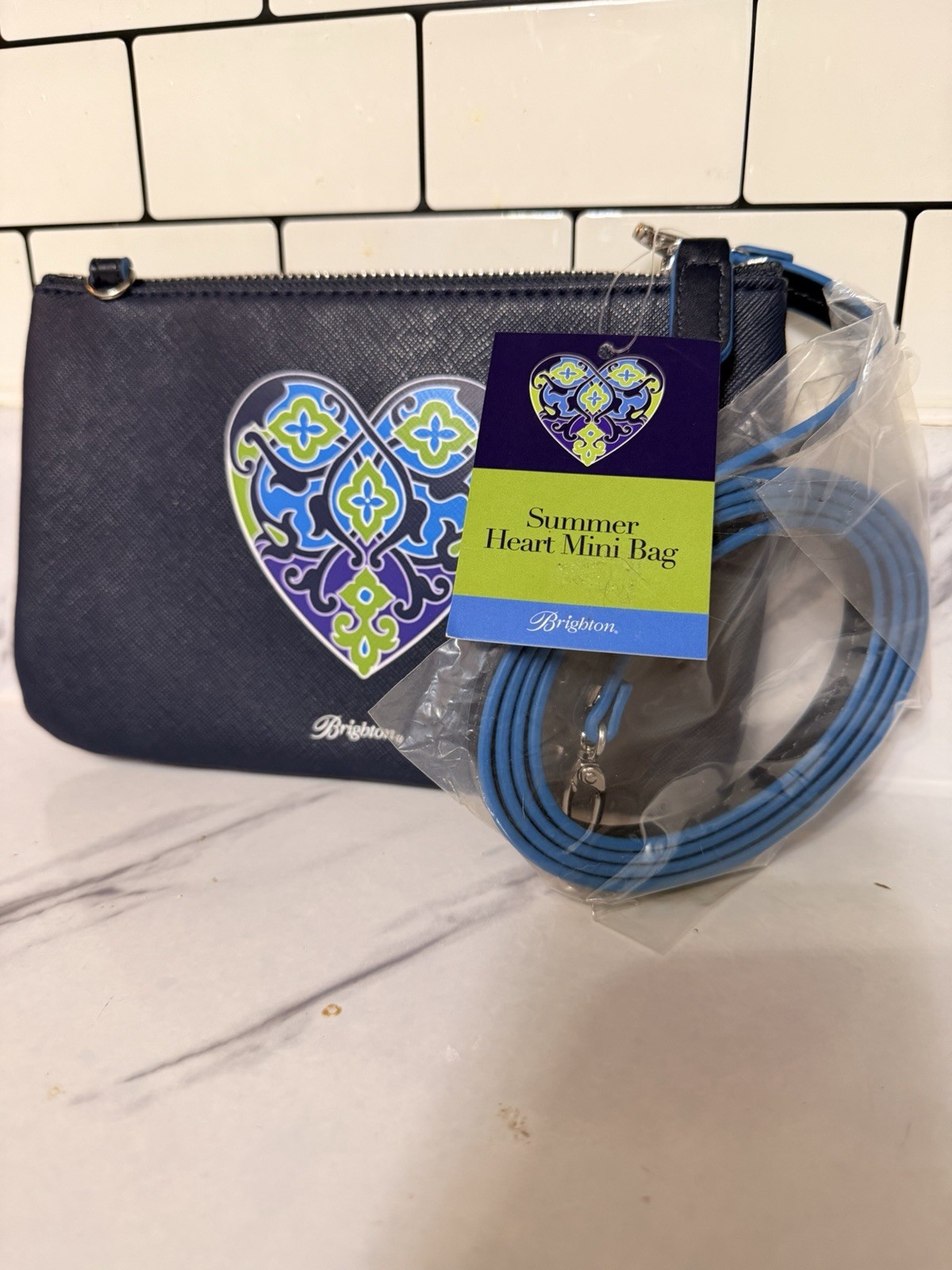 Brighton Mini Heart Crossbody Bag Navy Zip w/ Detachable Strap Silver Hardware