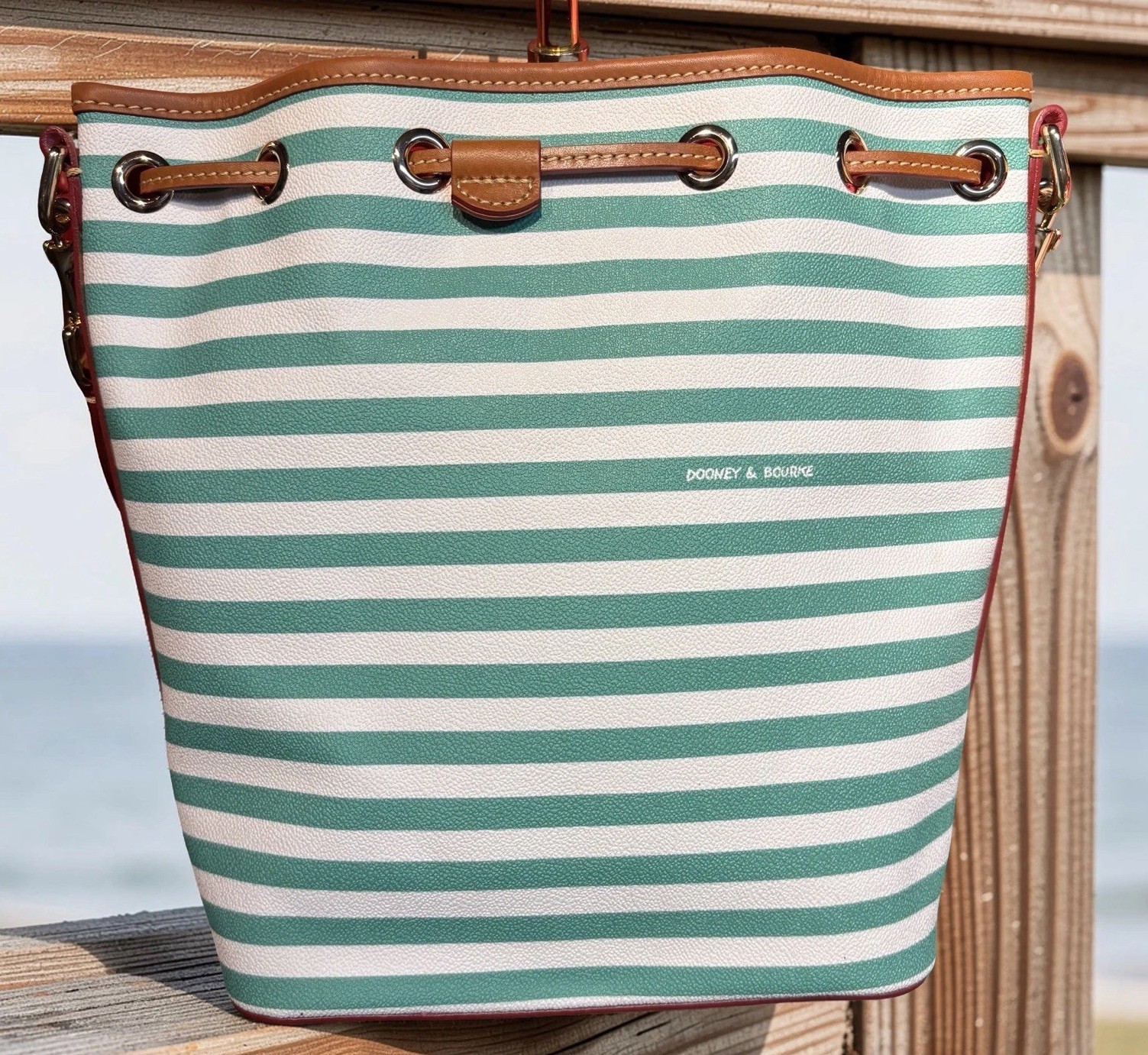 Dooney Bourke Sullivan Stripes Seafoam Spearmint Green Drawstring Bucket Bag