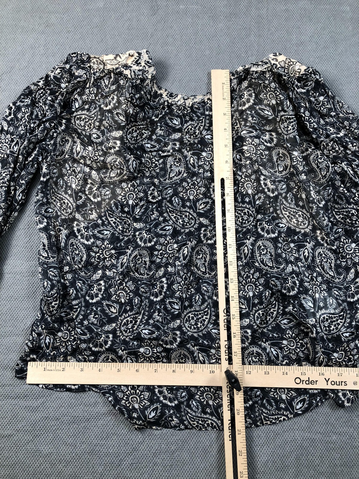 Boden Blouse Womens 8 Black Round Neck Long Sleeve Paisley Ruffle Sheer NWT