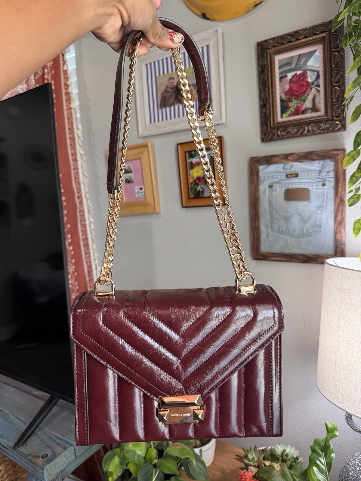 MICHAEL KORS WHITNEY MEDIUM CHAIN SHOULDER TOTE BAG QUILTED STRIPE OXBLOOD