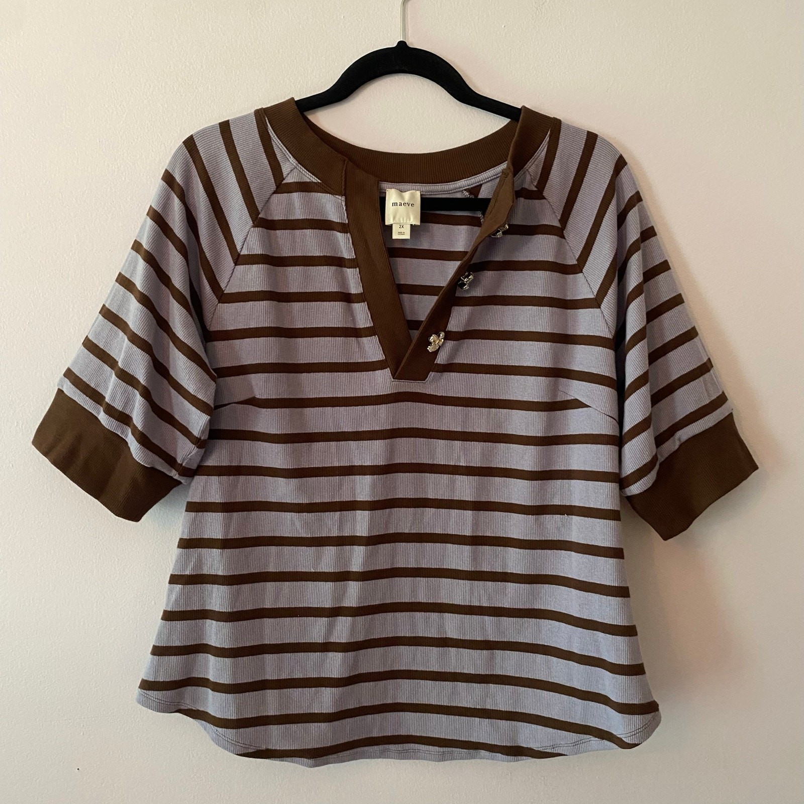 Maeve Purple Brown Stripe Ribbed Short Sleeve Henley Shirt Preppy Sparkle 2X