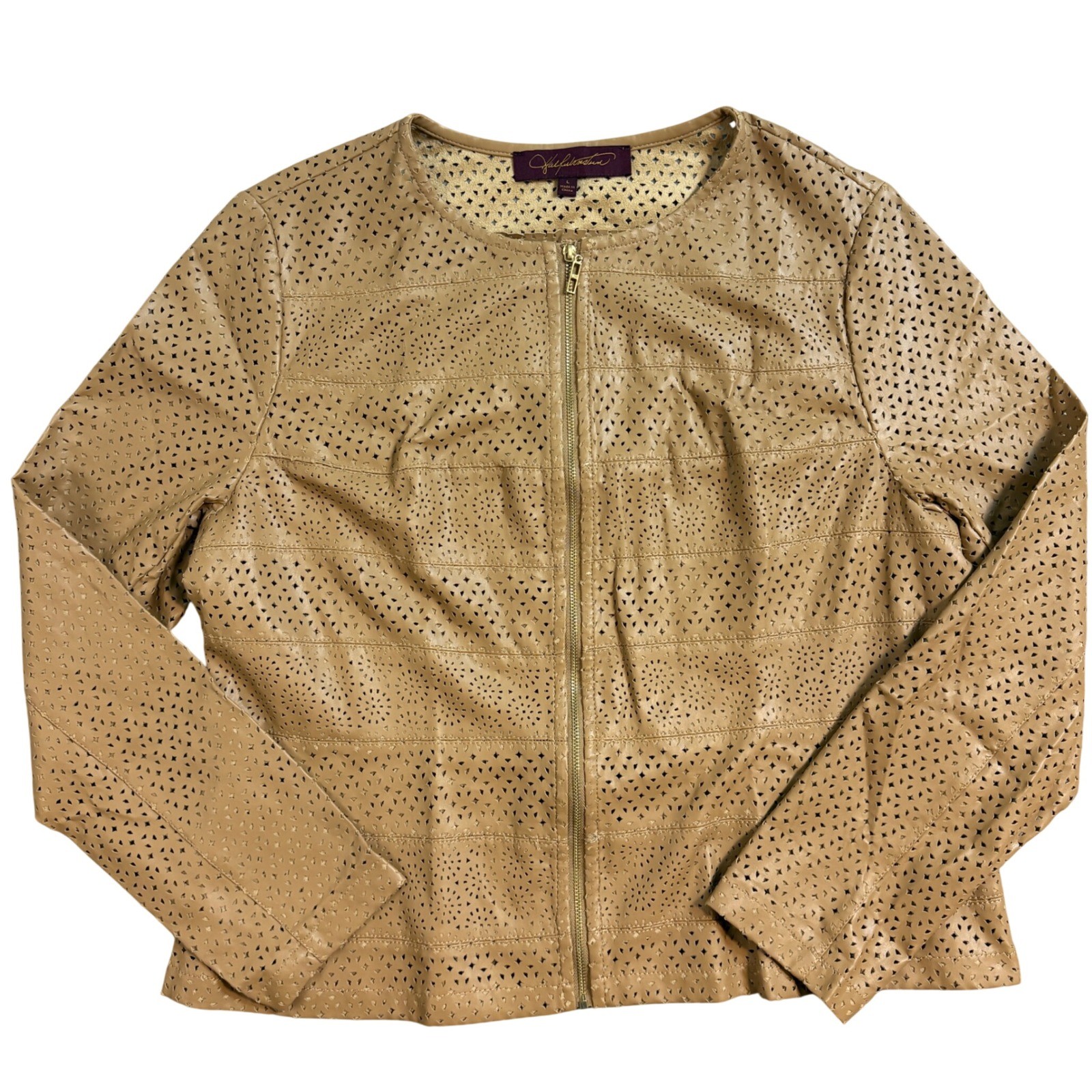 Hal Rubenstein Tan Perforated Faux Leather Laser Cut Zip Up Jacket Womens L