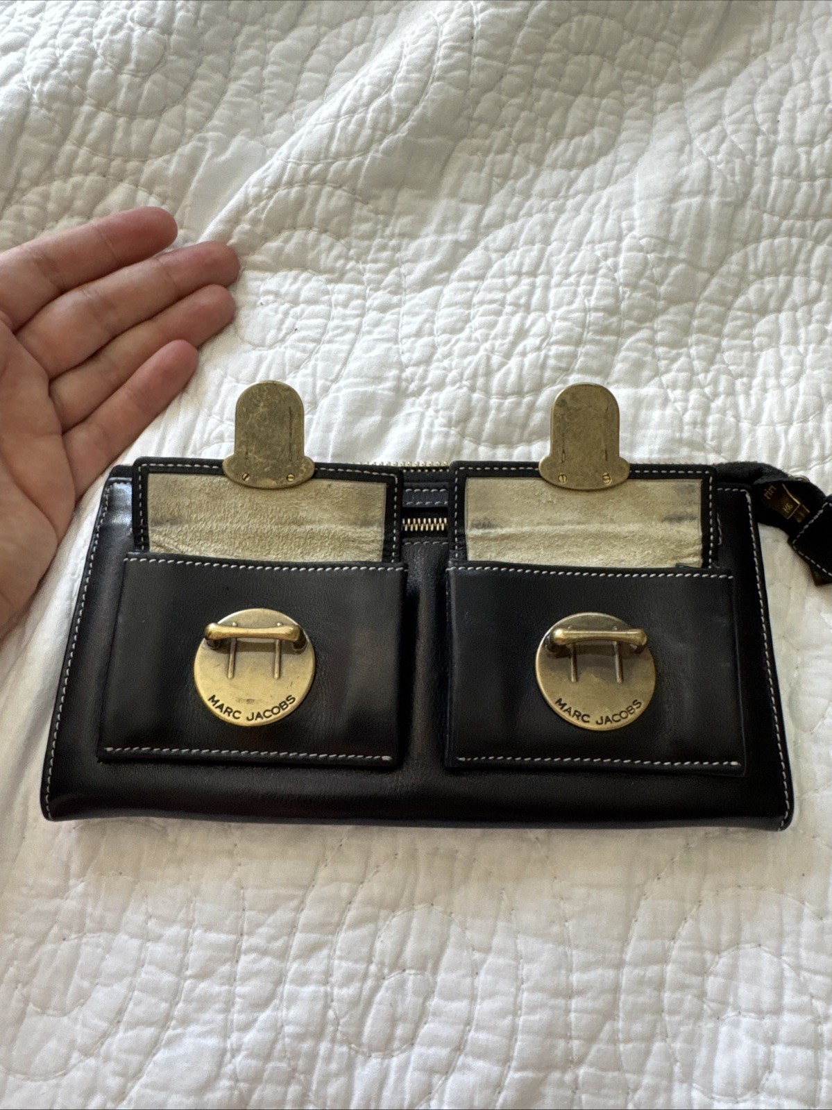 MARC JACOBS Black Leather Wallet Double Front Pockets Push Lock Top Zip Closure