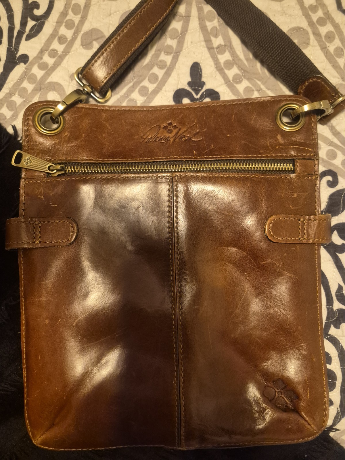 Patricia Nash Brown Small Crossbody Bag Embossed Front Zip & Magnetic Closure