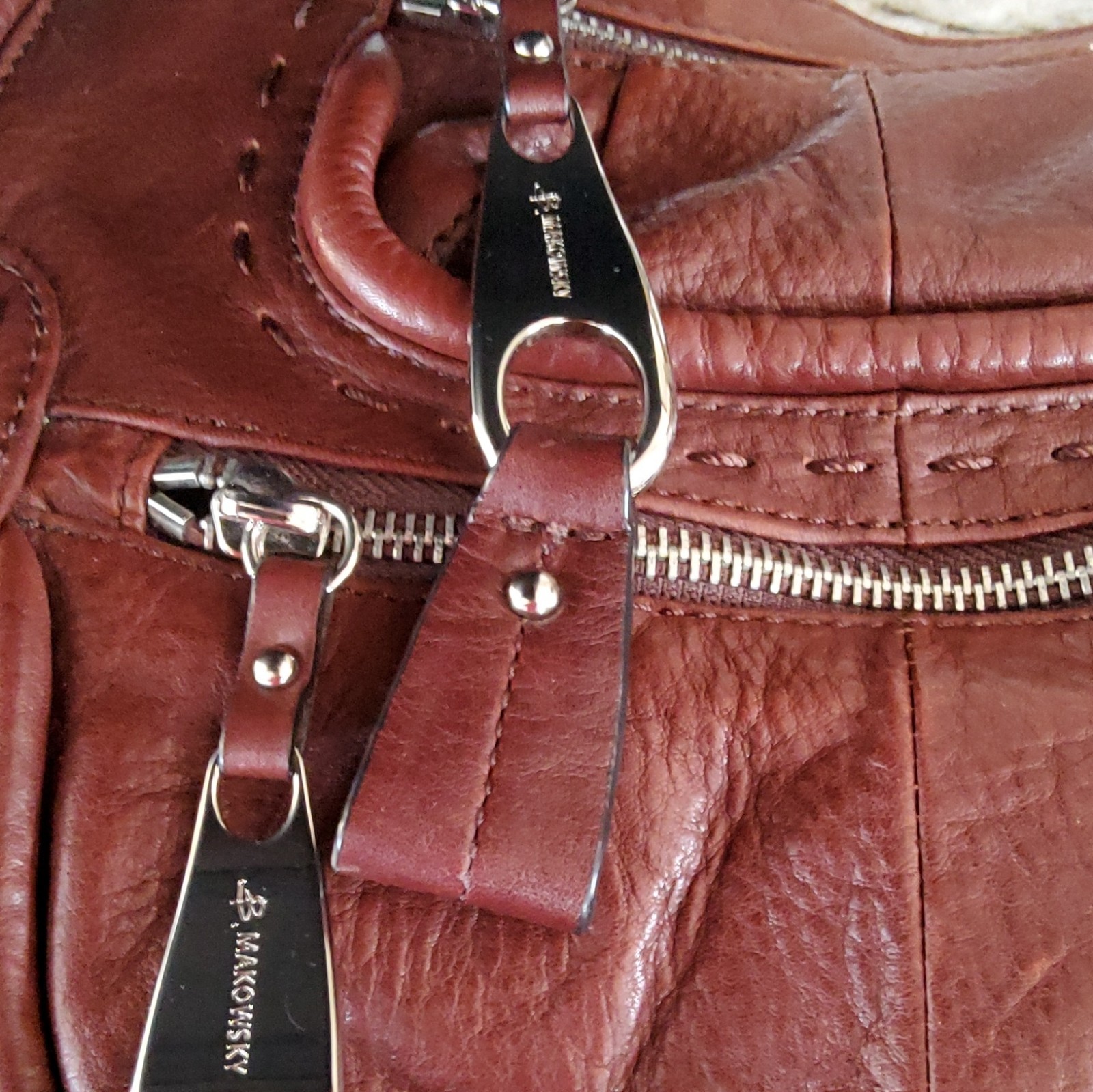 B. Makowsky Brown Pebbled Shoulder Bag Silver Hardware Zip, Lined Pockets