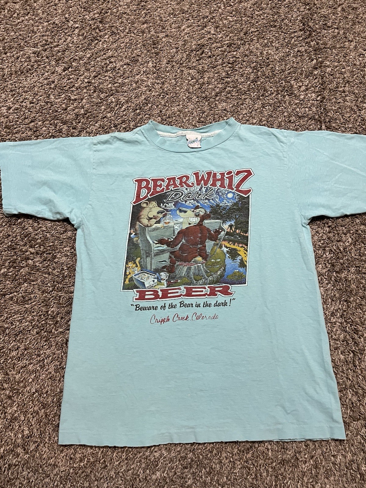 Vintage 80’s Single Stitch Bear Whiz Beer Humor Promo Blue T Shirt Size Large