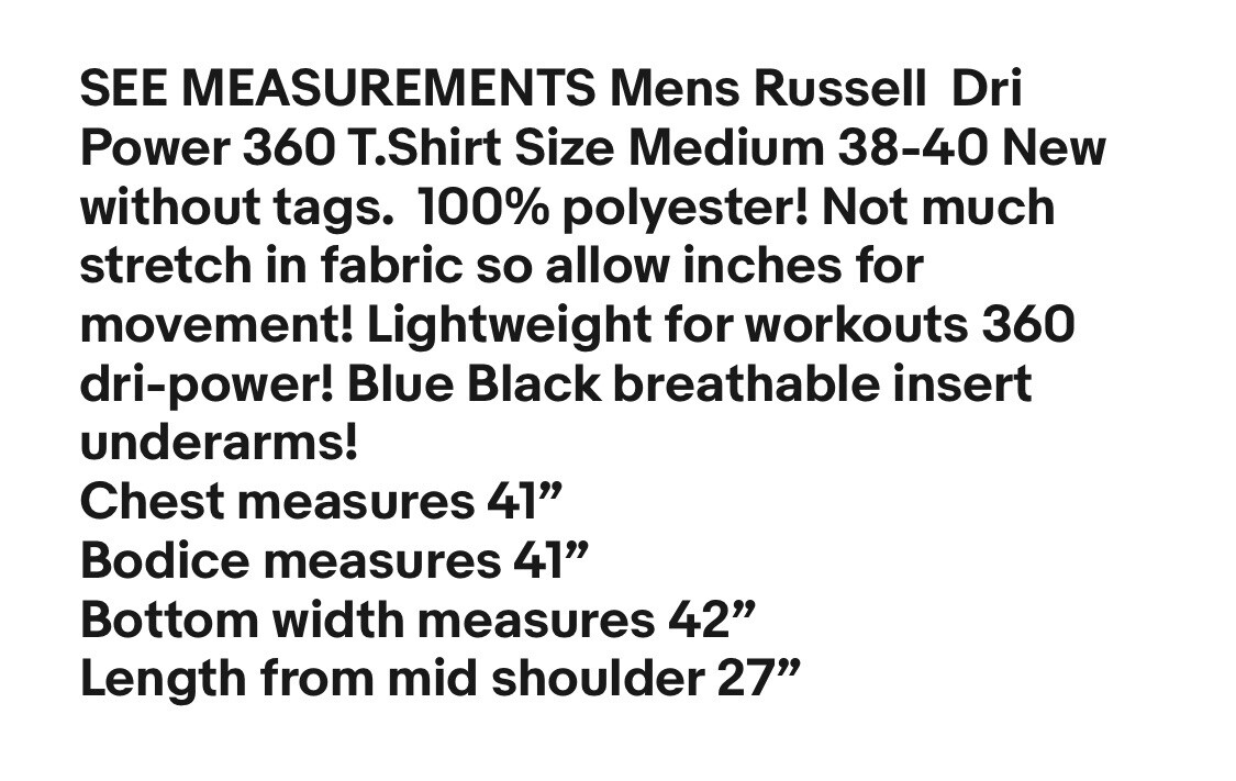 RUSSELL Mens Dri Power 360 T-Shirt Size Med 38-40 Blue Black Underarm Insert New