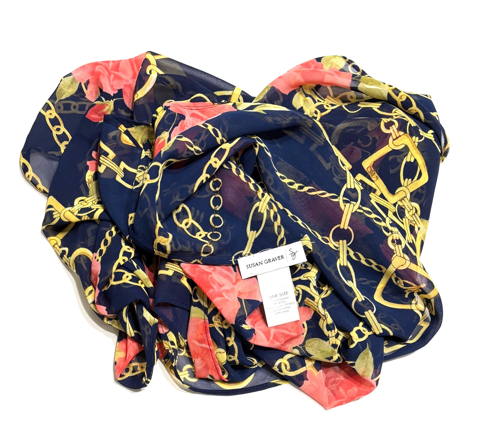 Susan Graver Infinity Scarf Navy Blue Background Pink Roses Chains 17×78 Inches