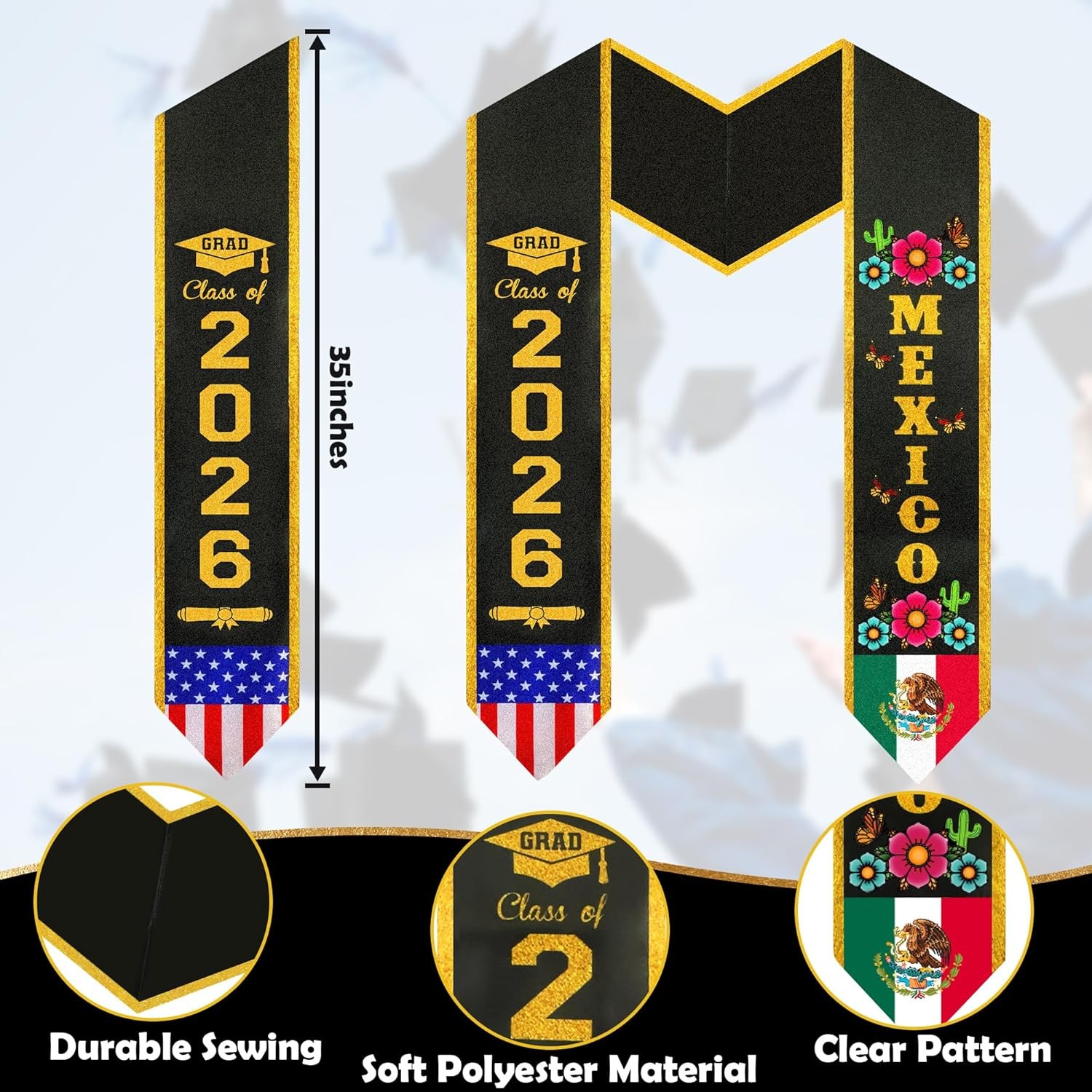 Partyprops Mexican Graduation Stole Class of 2026 Graduation Sash -Double Sided