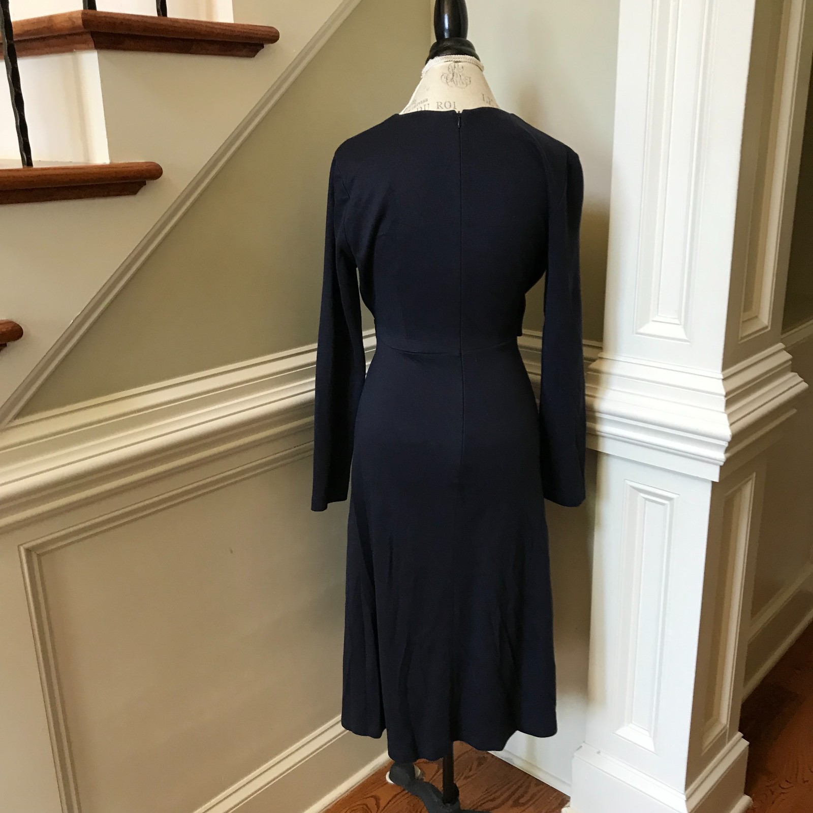 NWT Amina Rubinacci Eloisa Midi Dress Womens 44 8 Medium Navy Blue V-Neck NEW