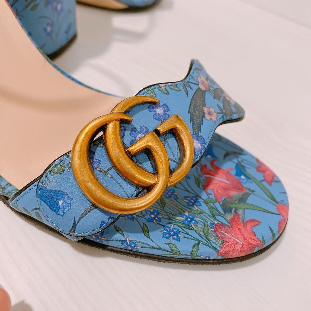 Used Gucci Flora Sandals Size 36 Blue Heel Height 7.1-10cm