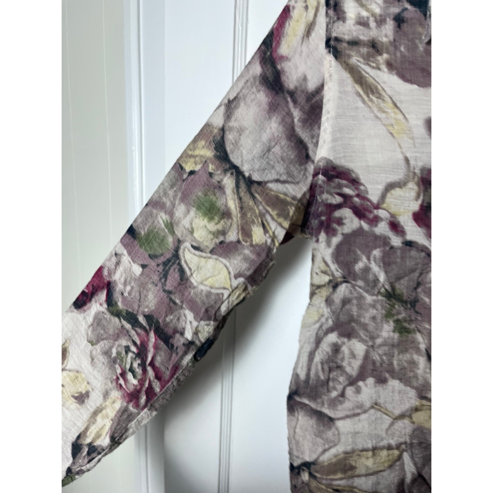 Soft Surroundings Floral Purple Beige Long Sleeve Flowy Boho Tunic Top SZ Small