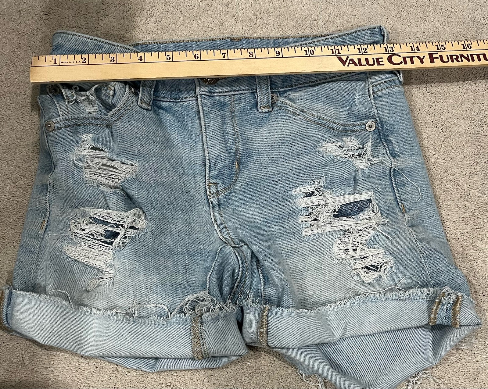 American Eagle Hi-Rise Shortie Light Wash Distressed Cut-Off Shorts 2 26W