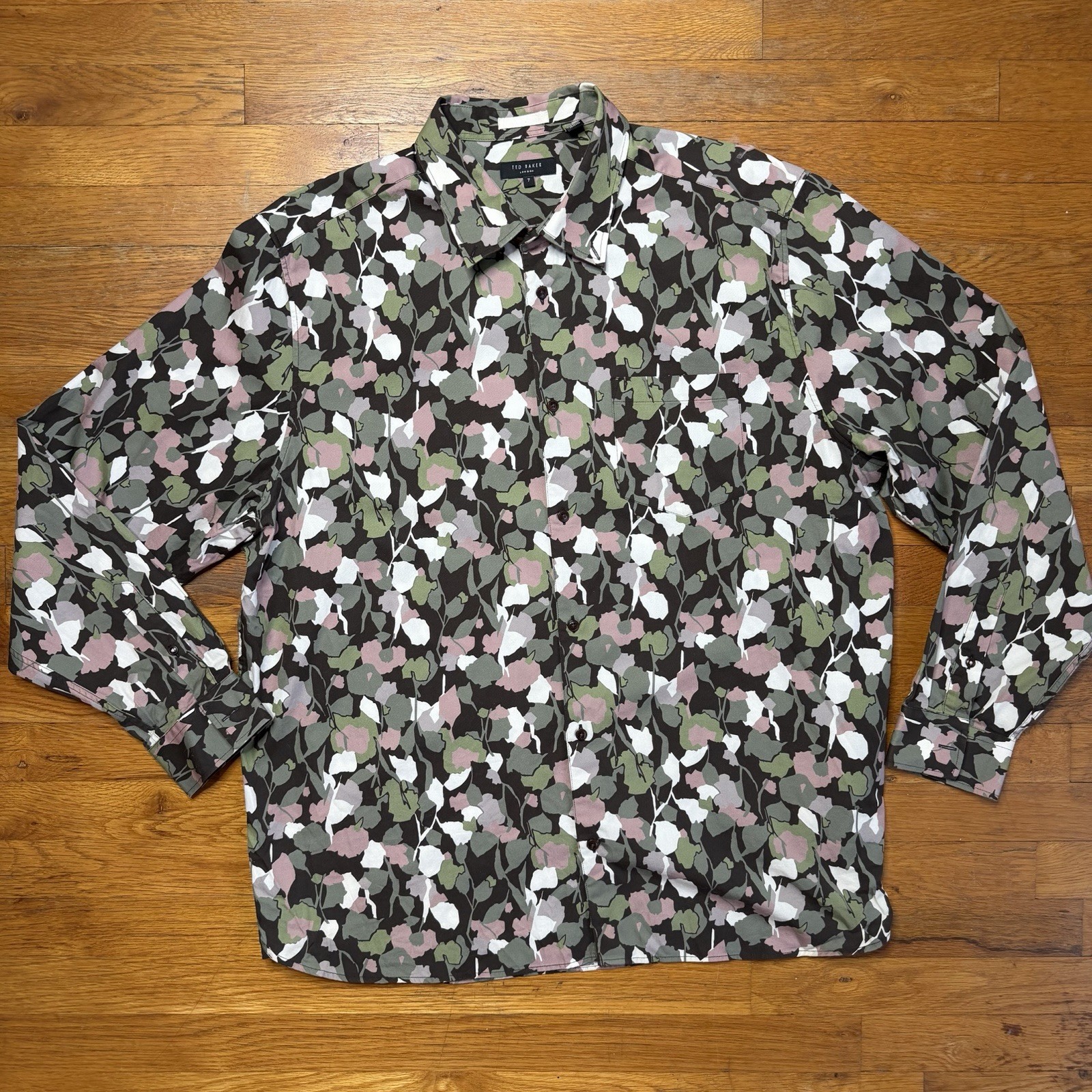 Ted Baker Men Button Up Shirt Size 7 3XL Cotton Floral Green Brown Pink Shirt