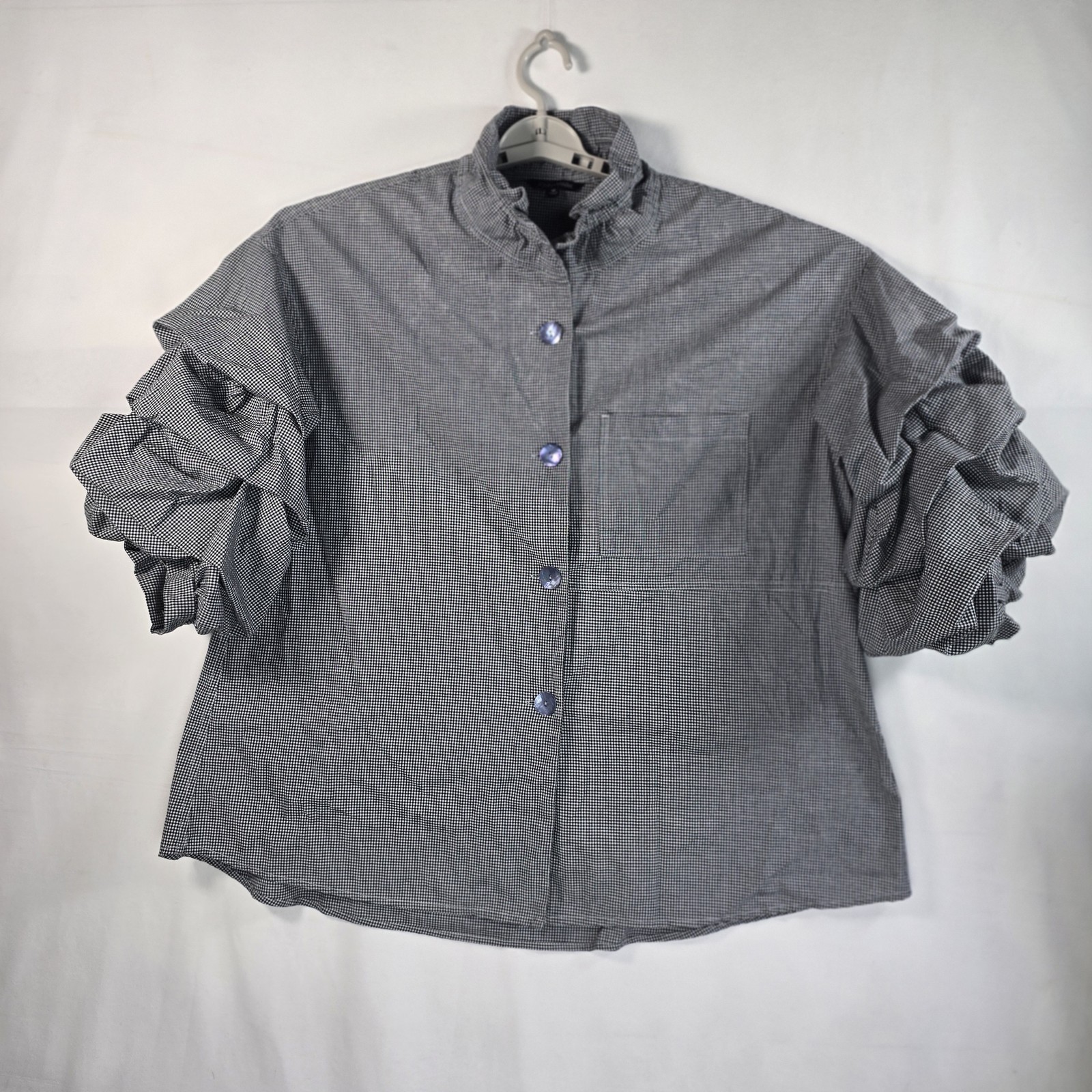 John Mark Shirt Womens Medium Black White Gingham Blouse Ruffle Sleeve Oversize