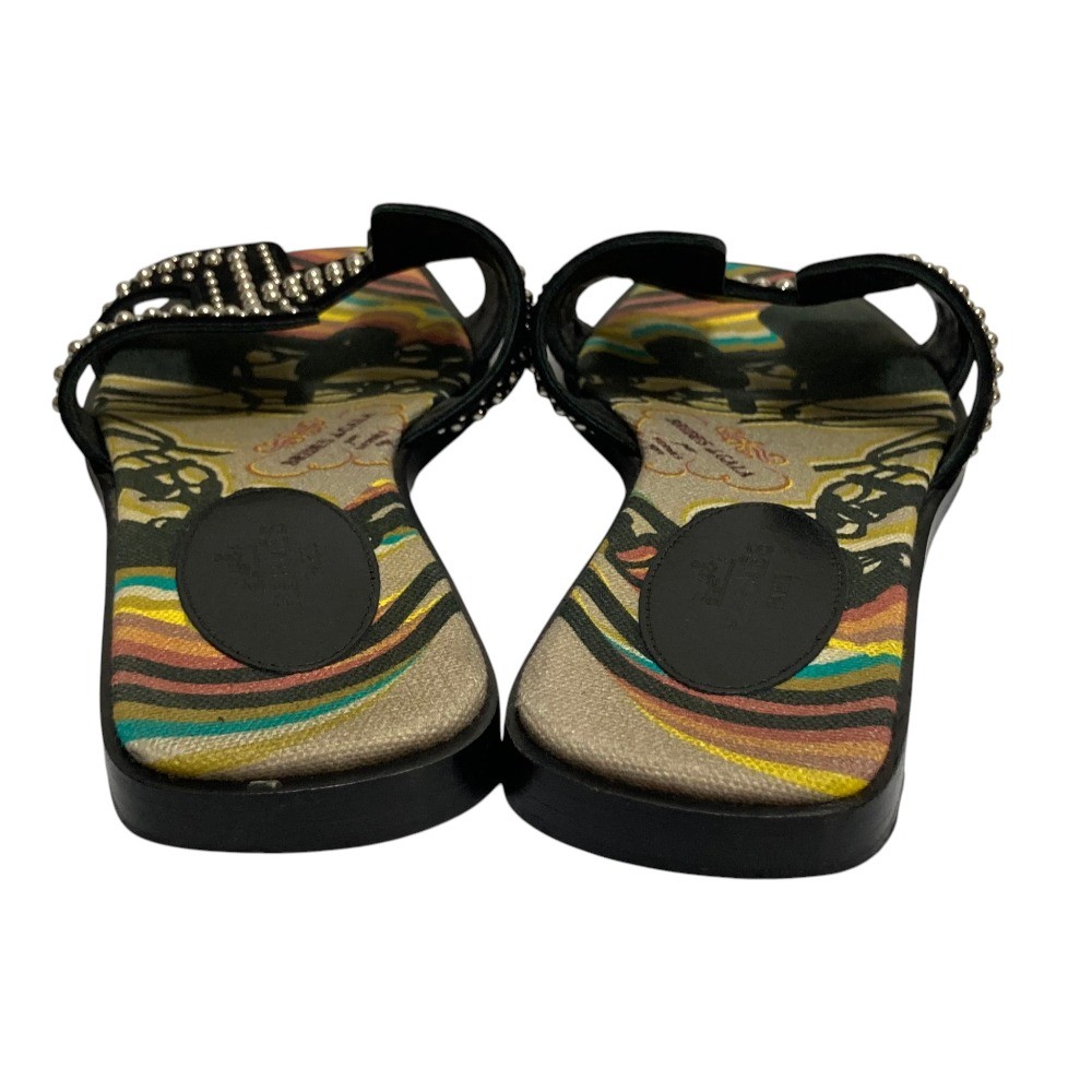HERMES Oran Studded Flat Sandals, Size 36 Black and Multicolor Women USED