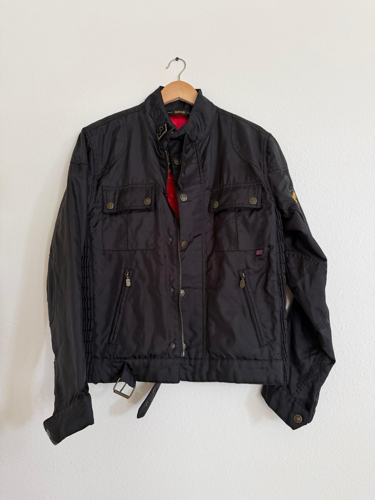 Belstaff Men’s Black Jacket Red Quilted Lining Stand-Up Collar Belted M