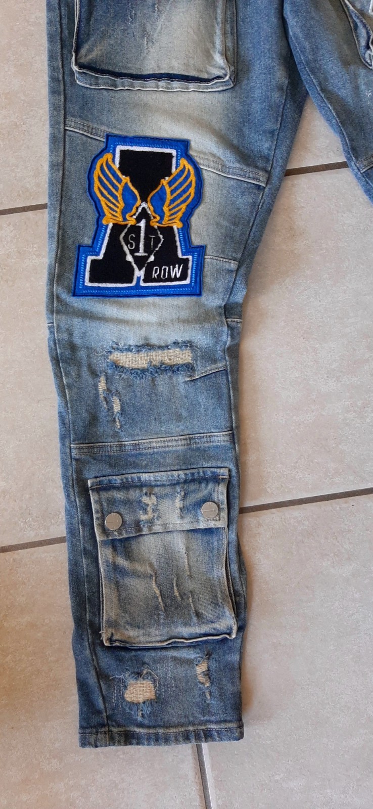 First Row Jeans Men 32/32 Distressed Patches Skinny Hip Hop Skater Streetwear B2