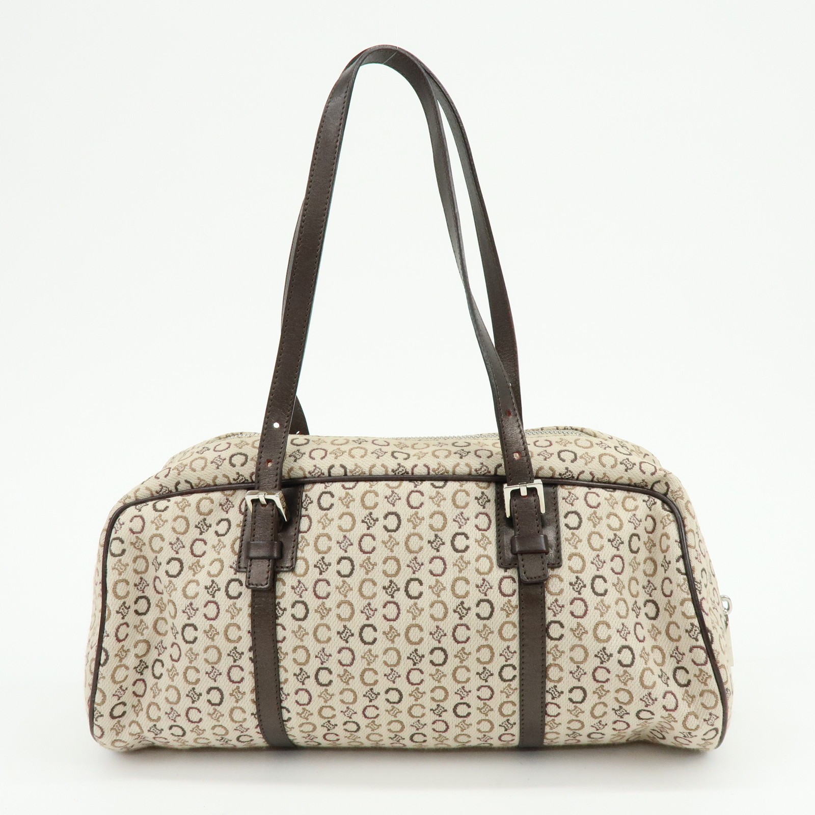 CELINE C Macadam Canvas Leather Hand Bag Boston Bag Beige Brown Auth Used F/S
