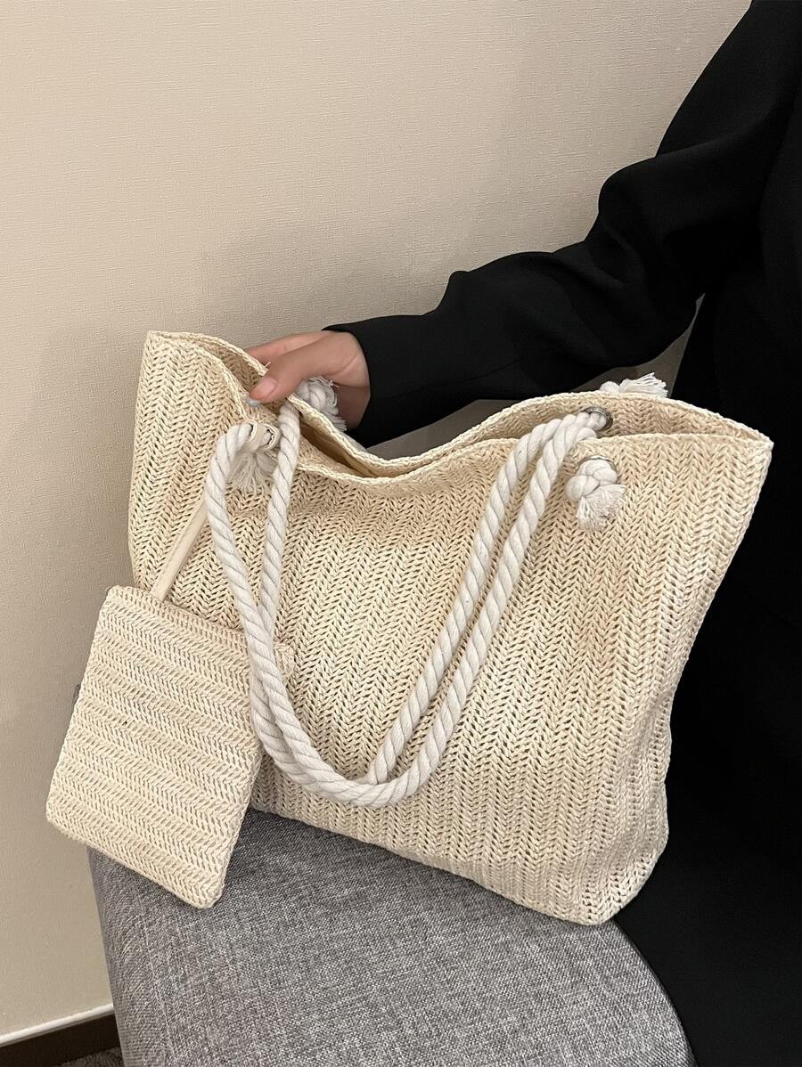 Large Woven Tote Bag Women Lightweight Shoulder Shopping Beach Travel Holiday