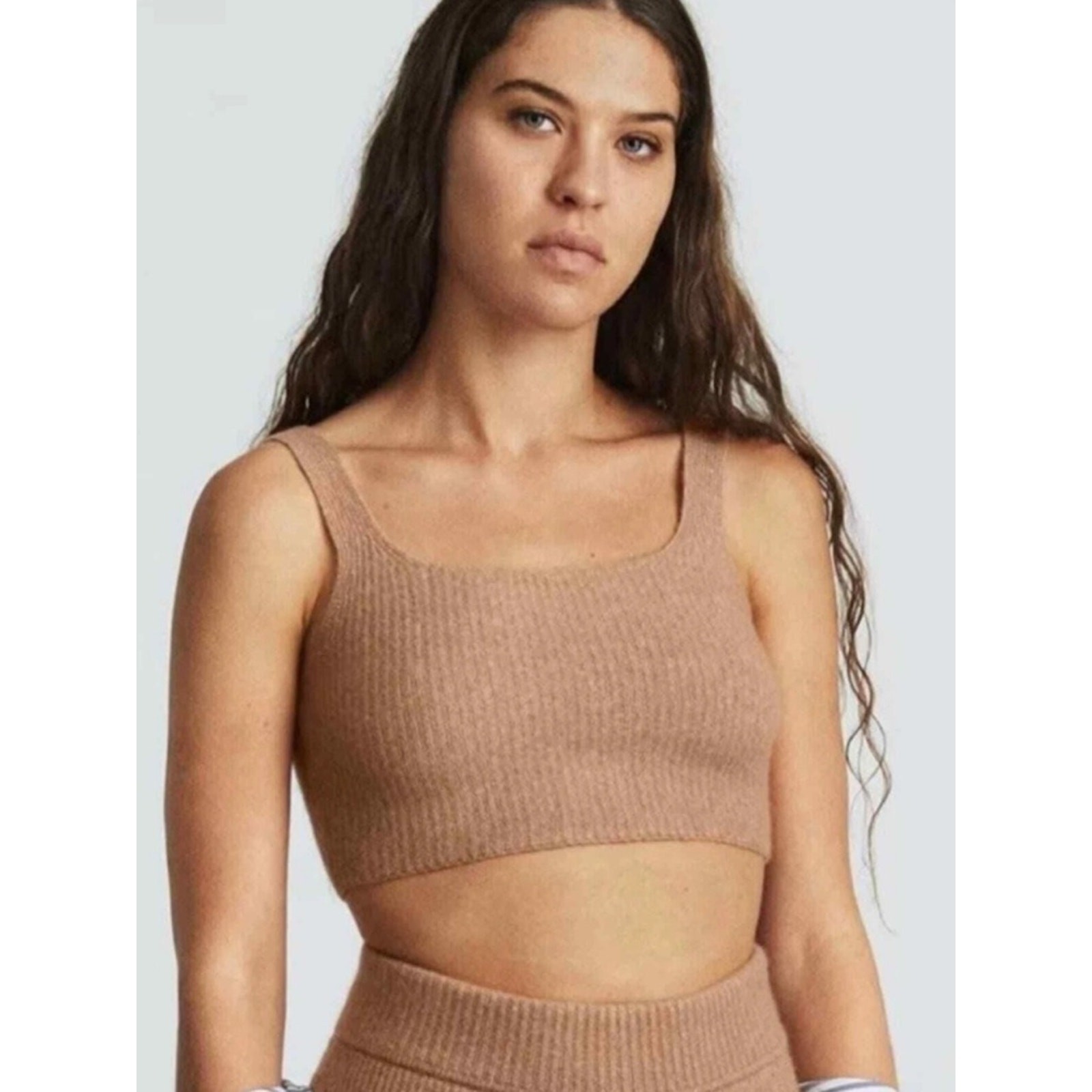 Everlane The Cozy Stretch Cropped Tank Wool Blend Camel Small NWT