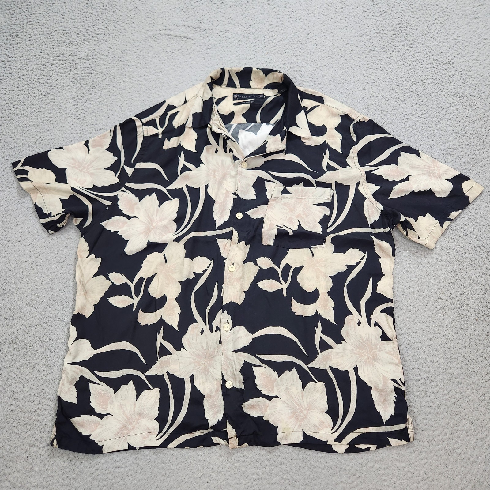 AllSaints Shirt Mens XXL 2XL Black Relaxed Fit Giardino Short Sleeve Loop Collar