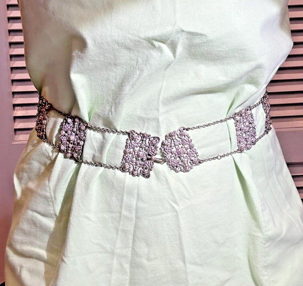 Antique Victorian Floral Etched Repousse Chantelaine Silver t Buckle 30.5″ Belt