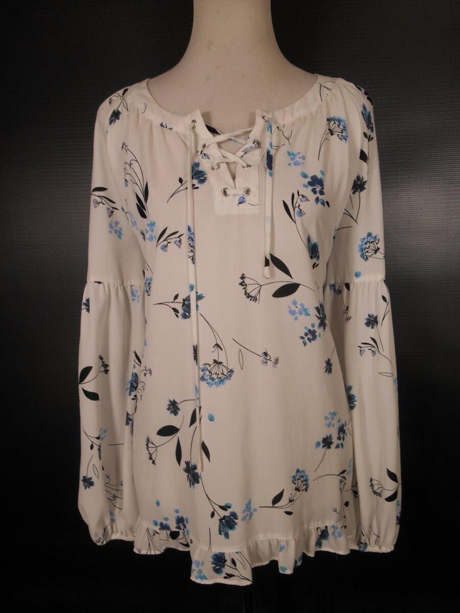 Beautiful Women’s Medium A.N.A. Blue Floral Ruffles LS Lace-up Peasant Blouse