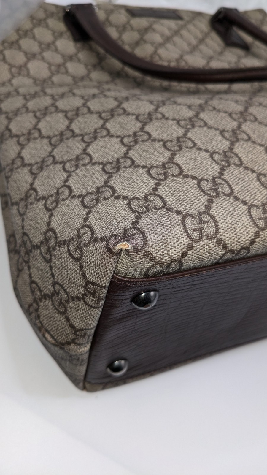 Gucci GG Supreme Monogram Canvas Brown Leather Large Tote Shopper Bag