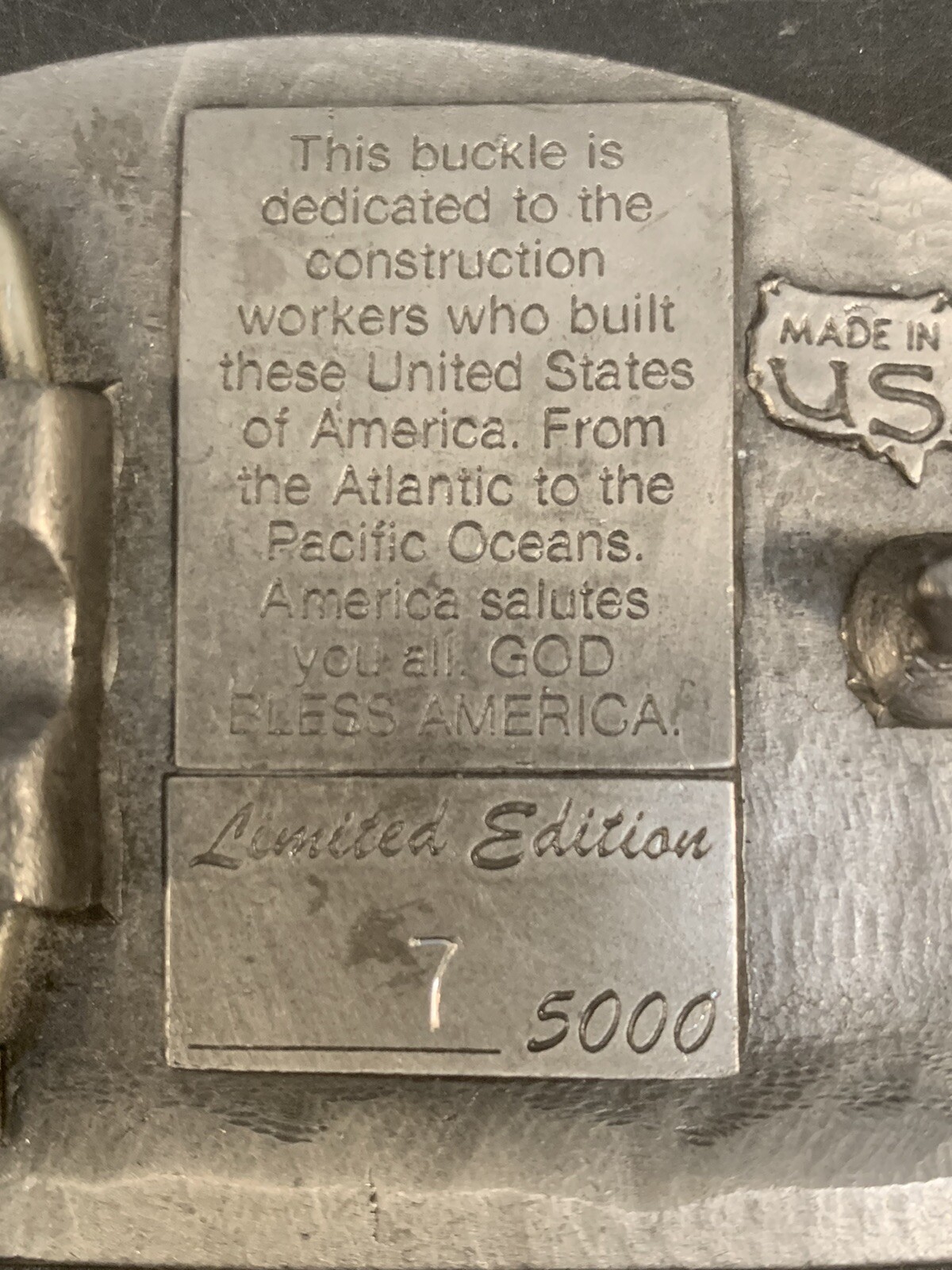 American Construction Worker Numbered 7/5000 Belt Buckle 1988 Made In USA Pewter
