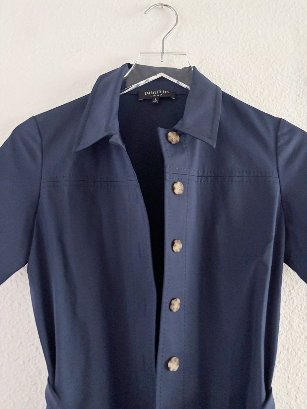 Lafayette 148 New York Navy Shirt Dress Short Sleeve Button Front Tie Waist Sz 0