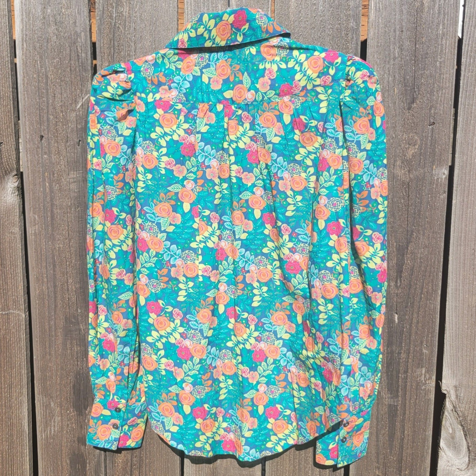 Sundance Rosie Vine Floral Long Puff Sleeve Button Up Blouse PXS Blue Green Boho