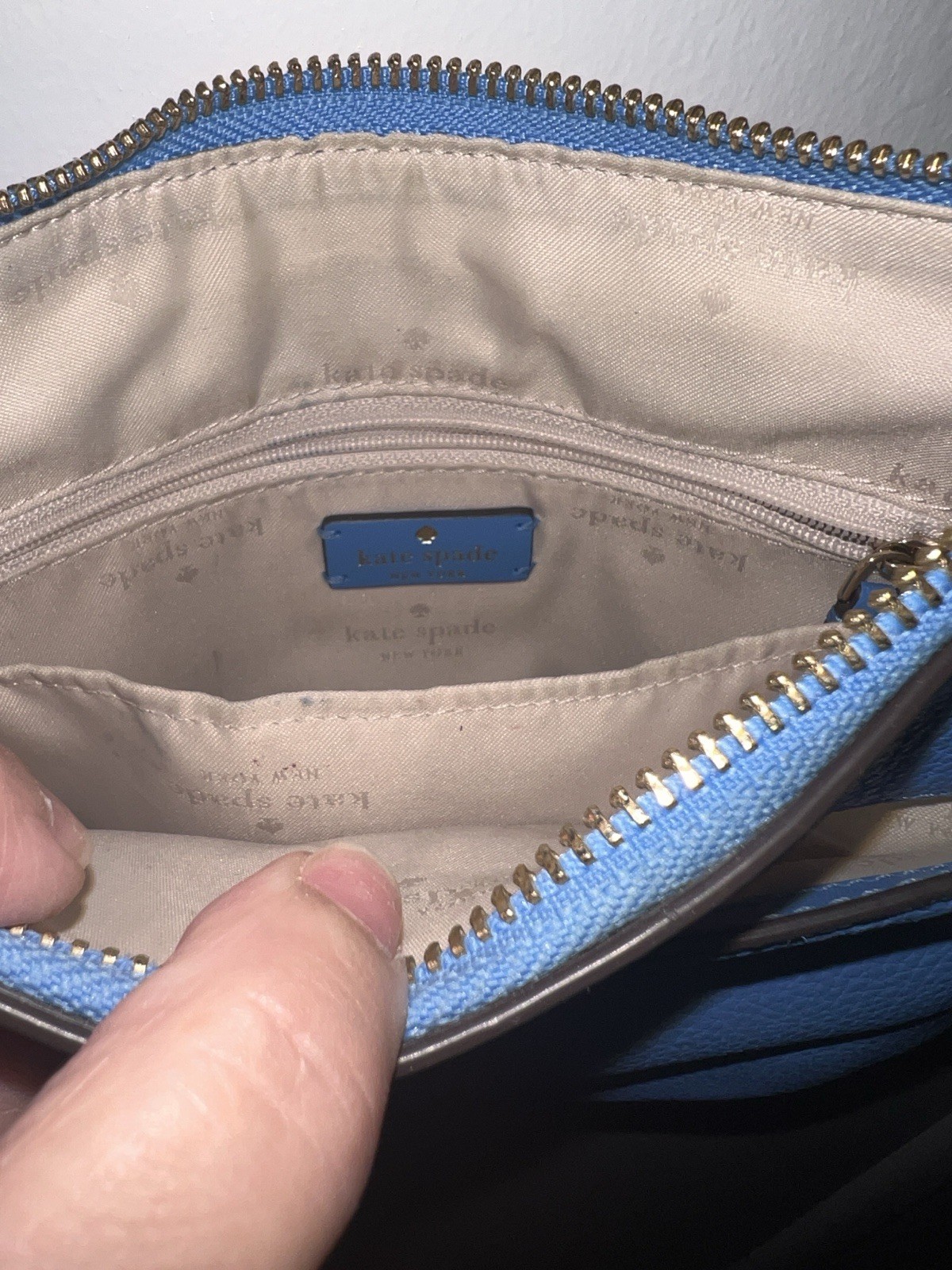 Kate Spade New York Blue Pebbled Small Crossbody Zip Bag Gold Hardware Strap