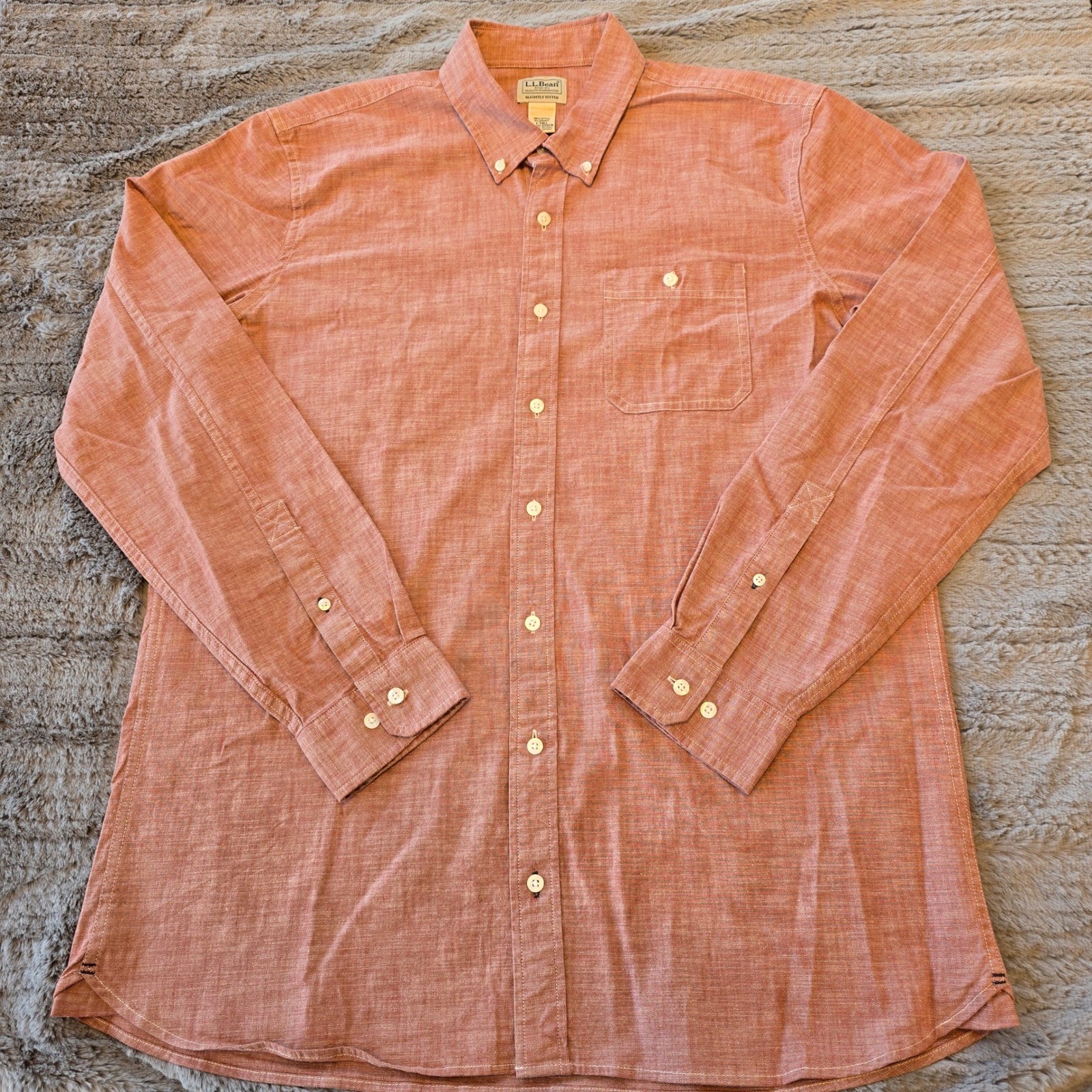 LL Bean Mens Large Tall Slightly Fitted Chambray Button Down Shirt Red Orange