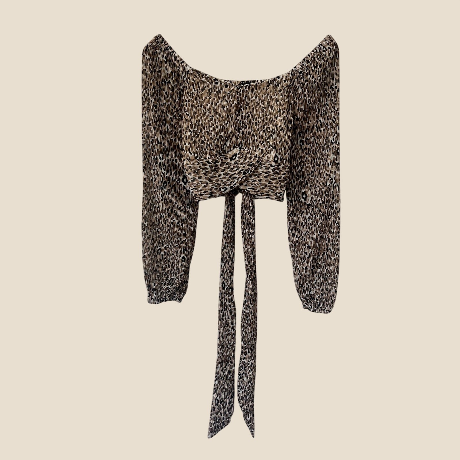 Japna Leopard Print Pleated Crop Top Long Sleeve Tie Waist Brown Tan Medium