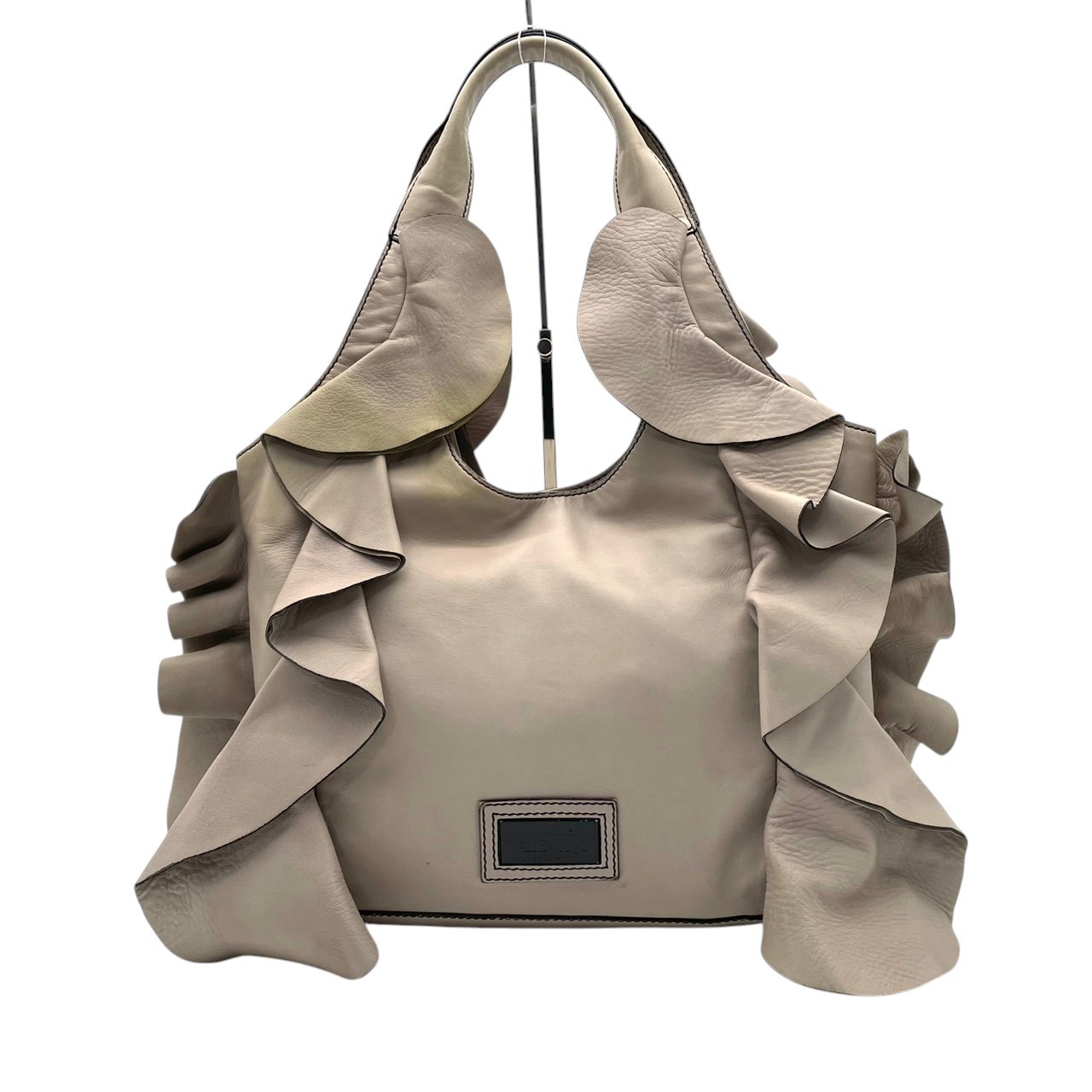 Authentic VALENTINO GARAVANI Ruffle Hobo Bag Handbag Leather Gray Women