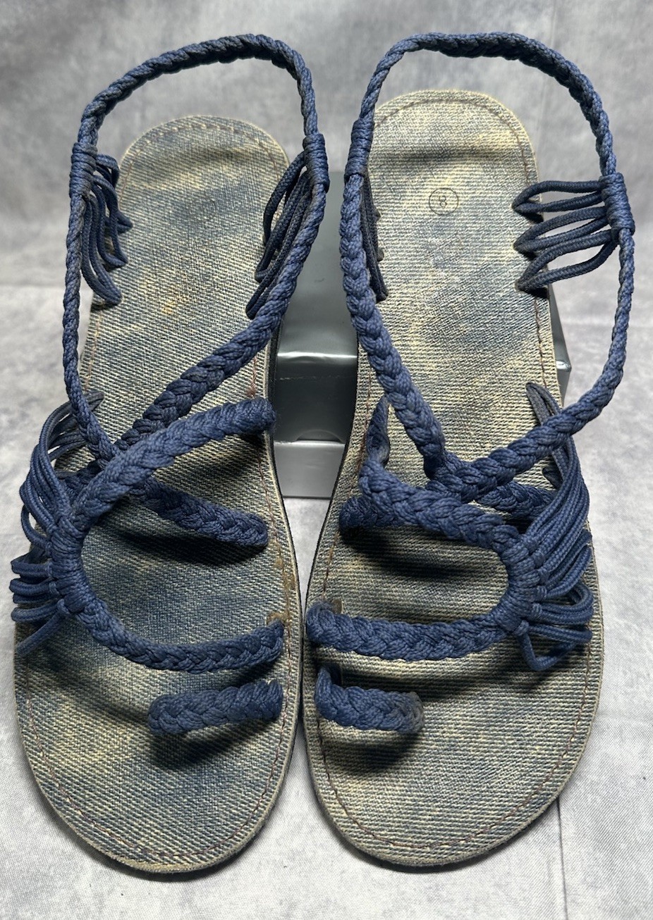 Plaka Palm Leaf Flat Sandals –navy Blue Rope – Women’s Size 8