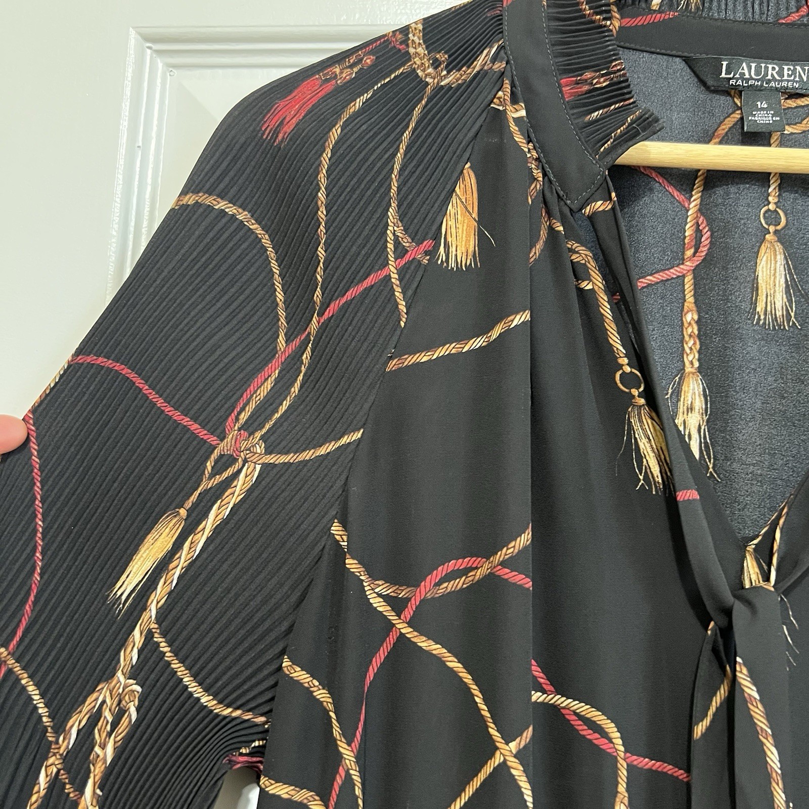 Lauren Ralph Lauren Black Tassel-Print Georgette Tie Neck Midi Dress Size 14