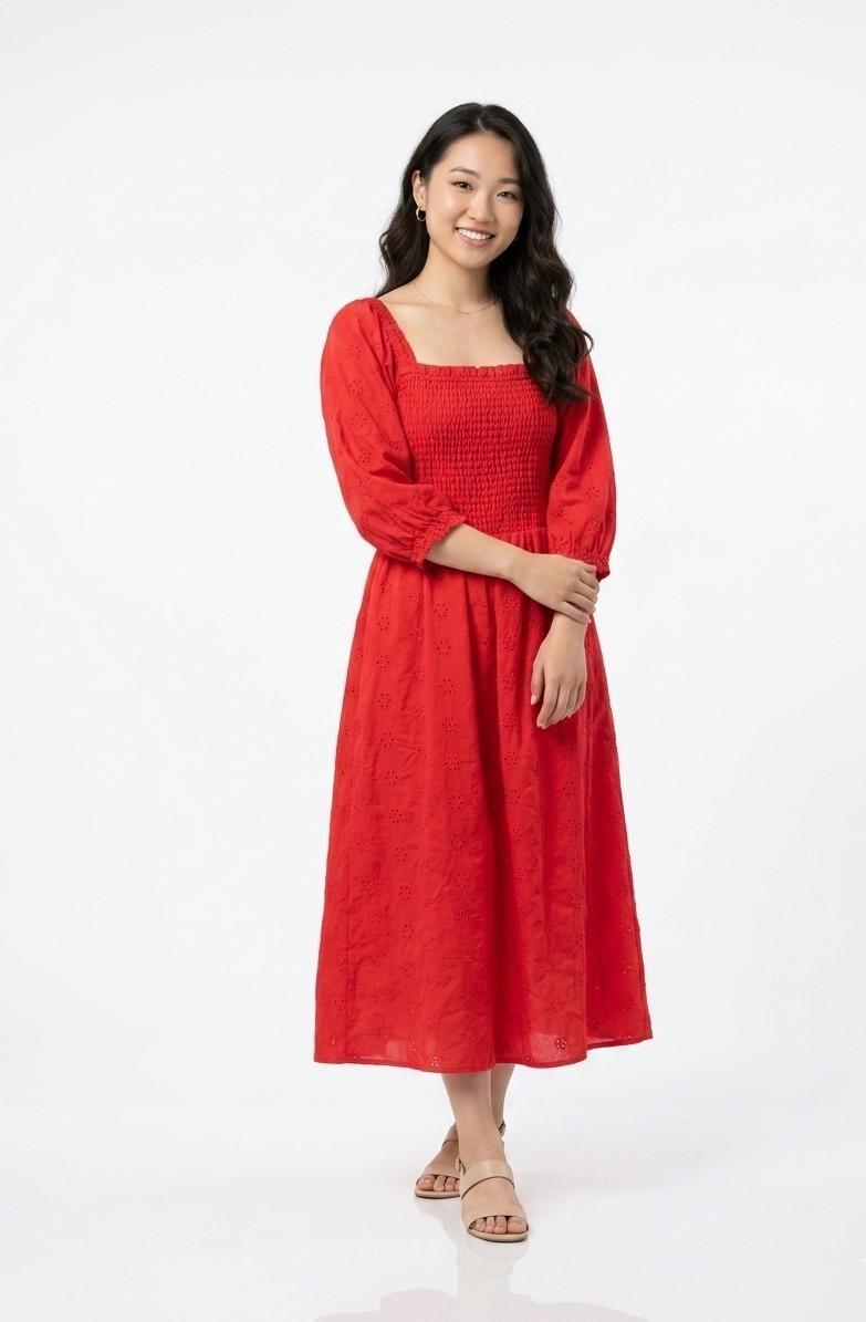 Women’s Dress Romantic Red Eyelet Lace Midi Dress Off the Shoulder Pure Cotton