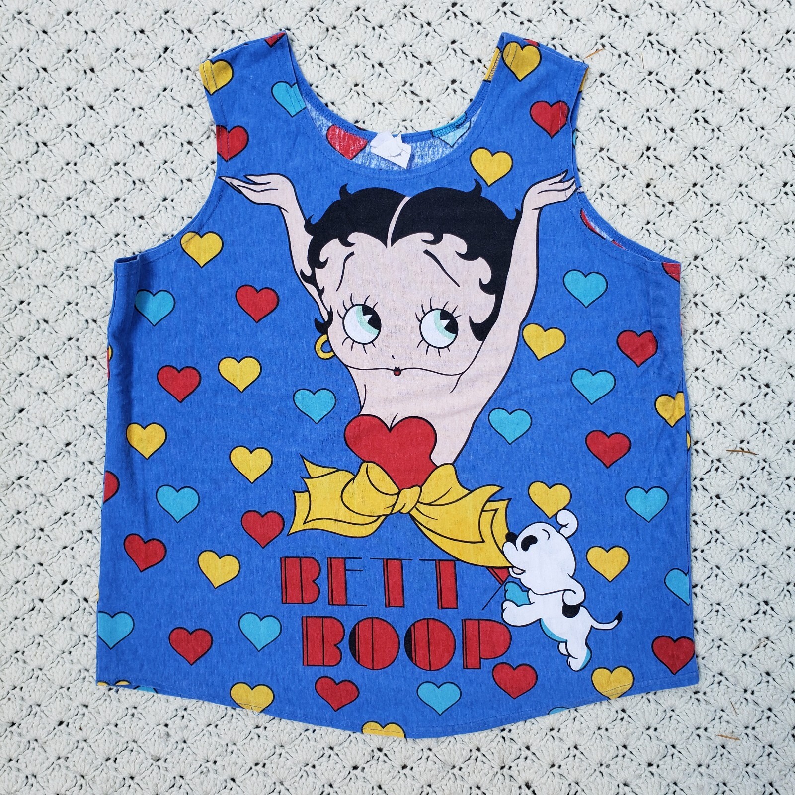Vtg Betty Boop All Over Print AOP Heart Dog Double Sided Tank Top Blue – Large