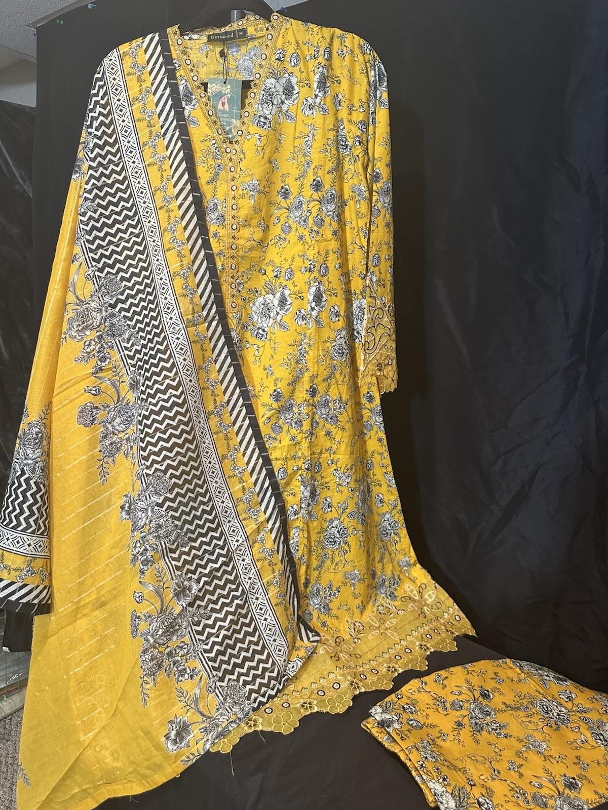 Premium Lawn Cotton 3 Pc Suit-Bin Saeed ,Cut Work Emb- Aline Style-M & L – $44