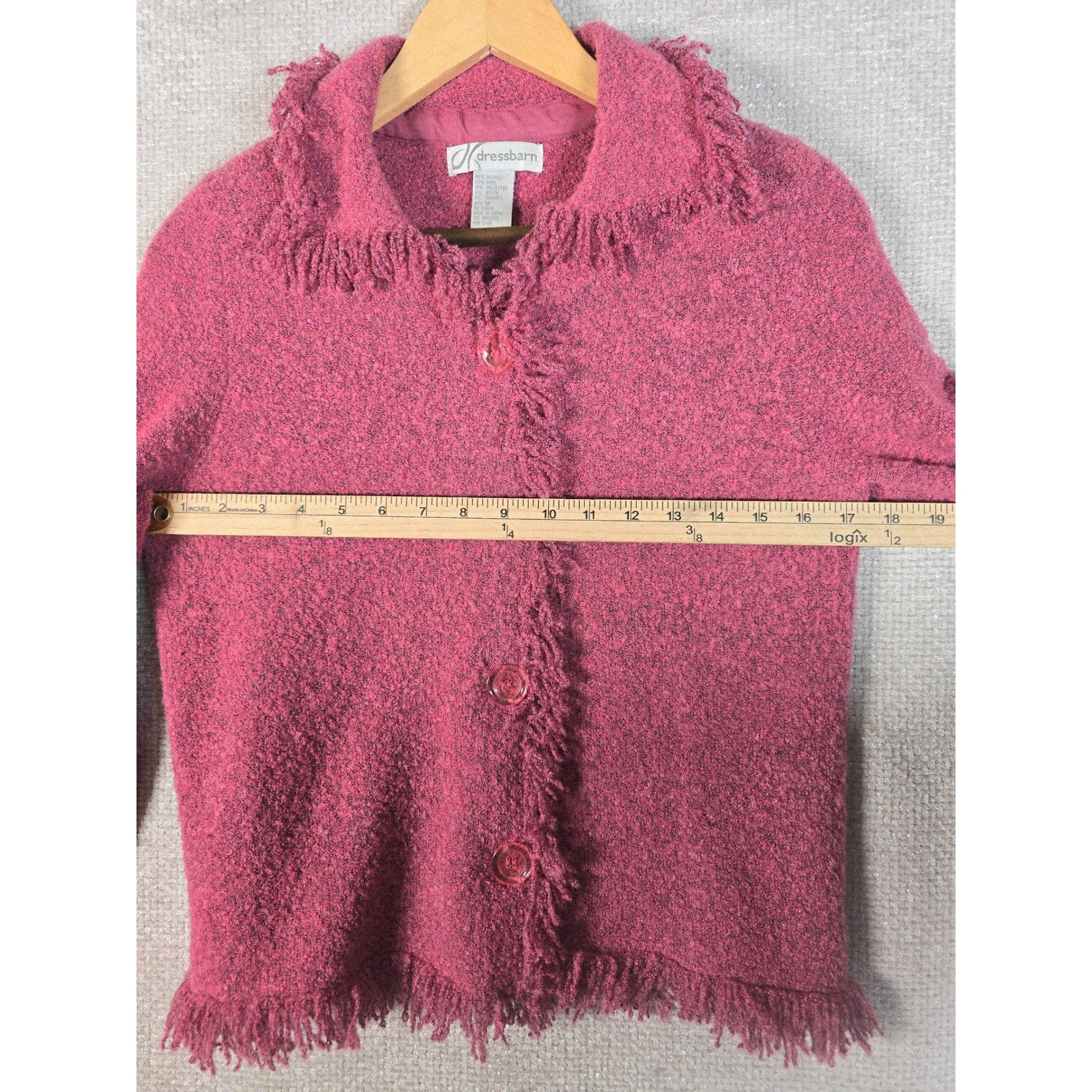 VTG Dressbarn Pink Knit Button Front Cardigan Shag Fringe Trim Sweater Size M