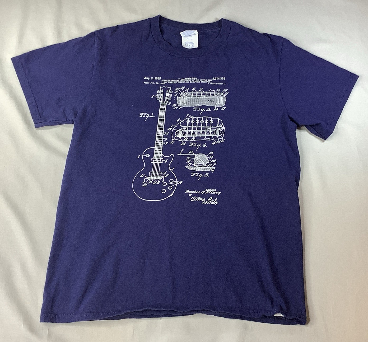 1955 Les Paul Guitar Inspired By Gibson Blueprint T-Shirt Youth Large Blue EUC