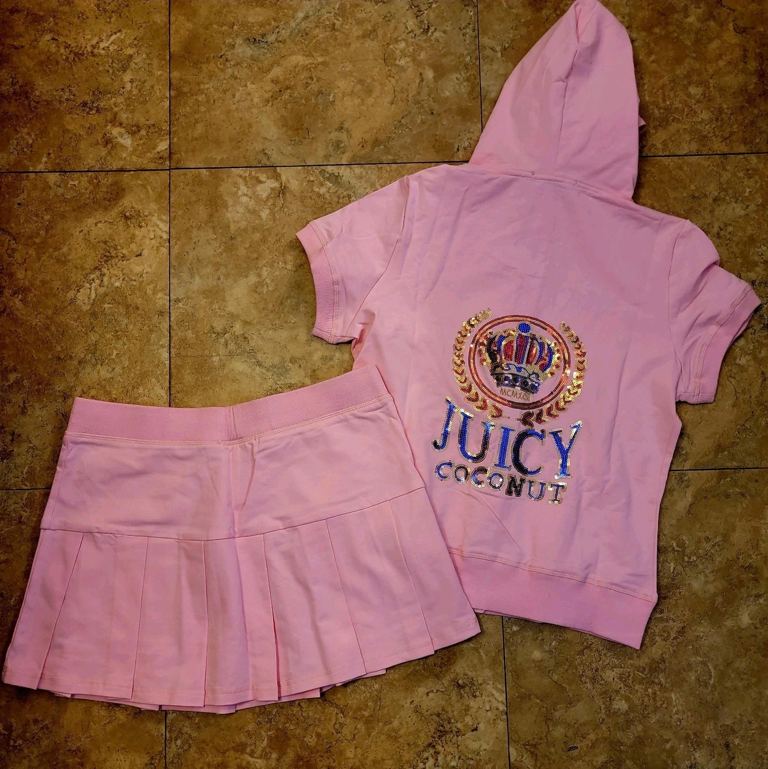 Y2K Juicy Coconut XL Skort Skirt Jacket 2 Set Pink Bling Sequins Activewear New