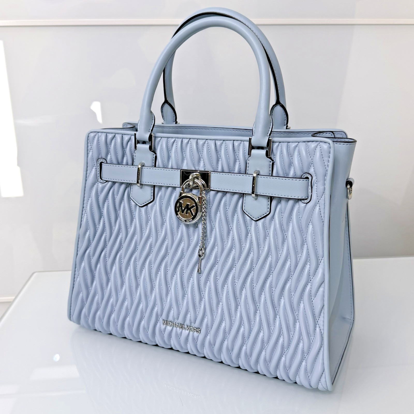 Michael Kors Hamilton Medium Matelassé Satchel Bag Blue Pale Ocean