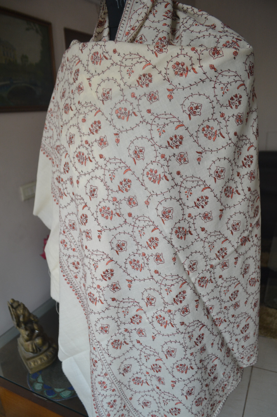 OFF-WHITE MICRO JAAL KASHMIRI EMBROIDERY WEDDING SHAWL 100% CASHMERE PASHMINA
