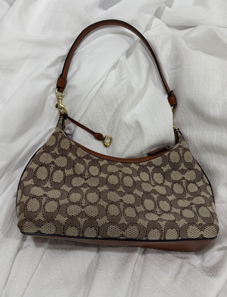 Coach Juliet 25 Brown Logo Pattern Shoulder Bag Gold Chain Detachable Strap