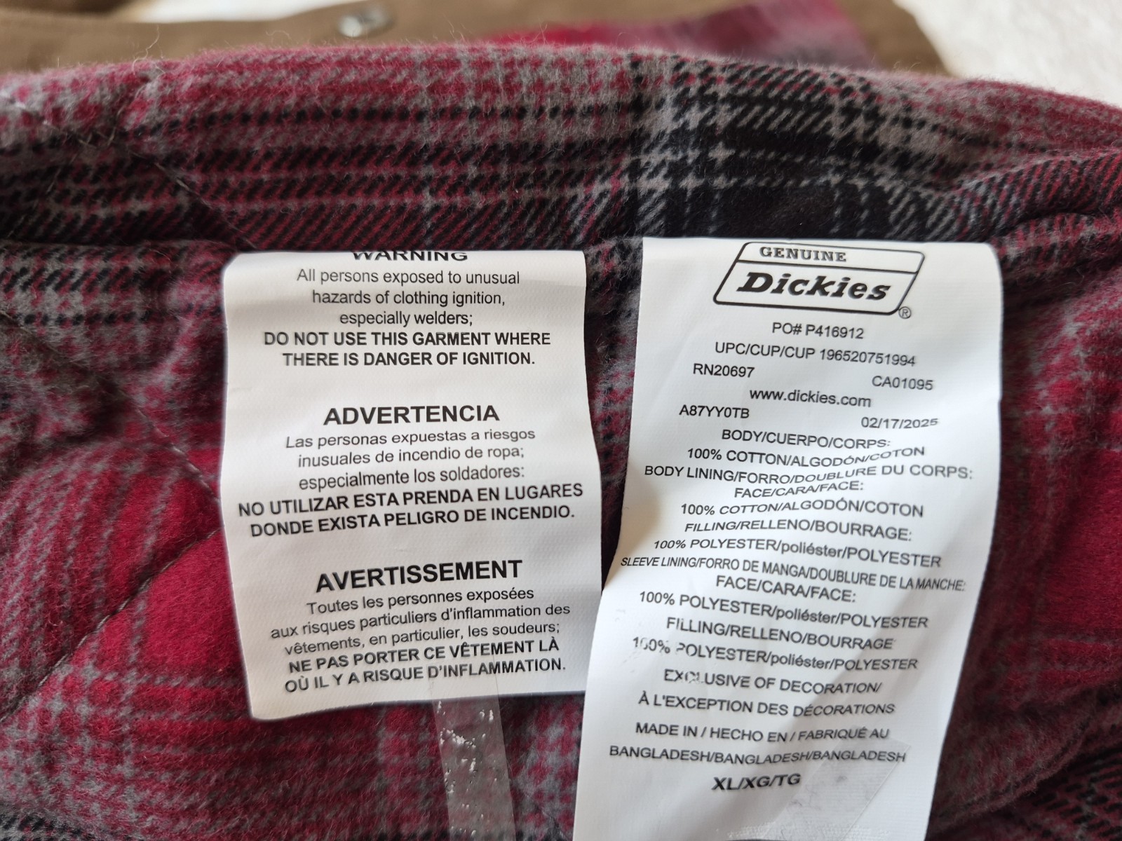 Genuine Dickies Mens XL Brown Canvas Quilted Flannel Lined Shirt Jacket