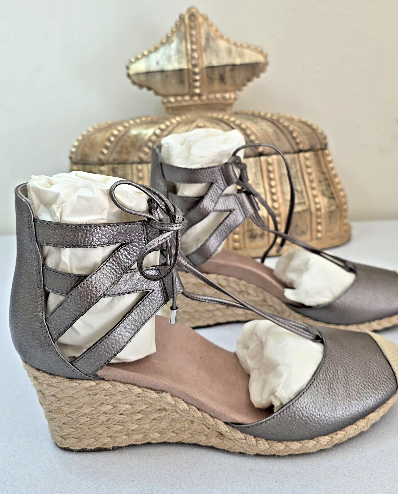VIONIC Aruba Calypso Orthotic Lace Up Espadrilles Wedge Pewter Size 9 NEW IN BOX